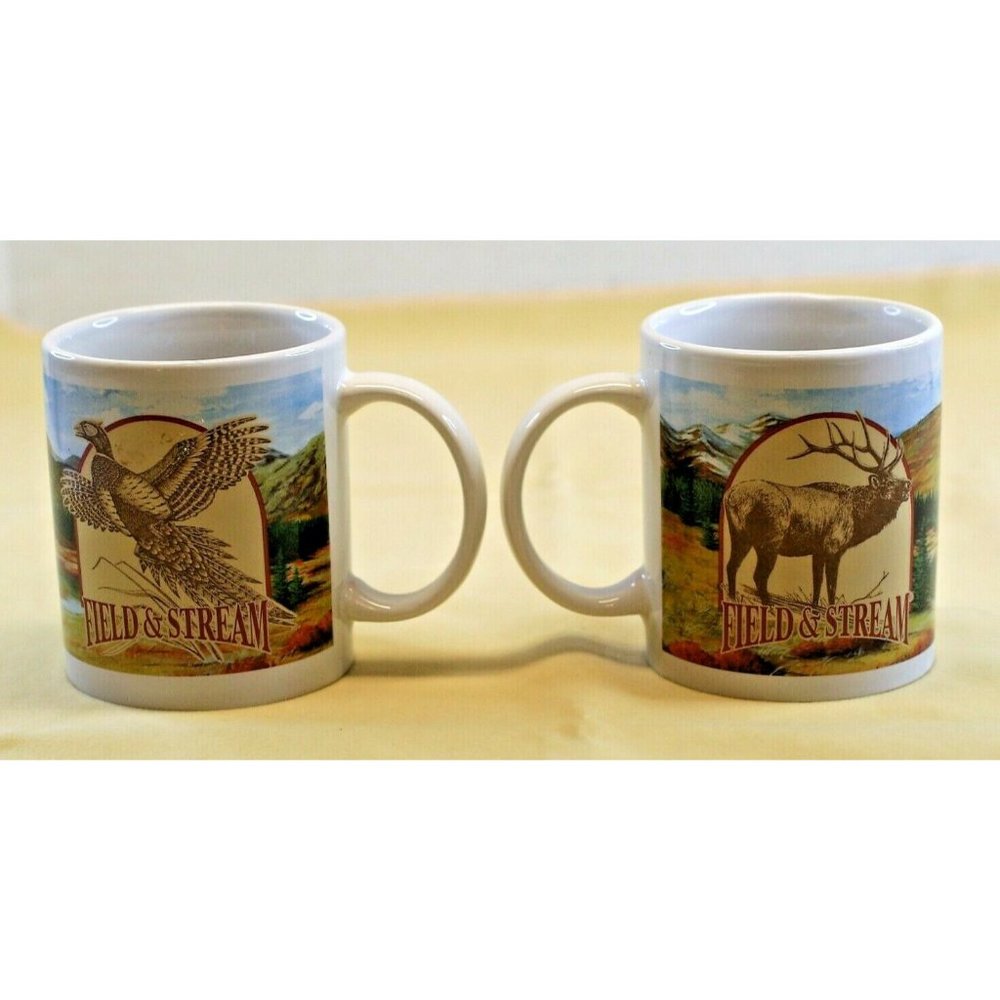 Pair of Field & Stream Coffee Mugs Hot Cocoa Elk & Pheasant Houston Harvest Used